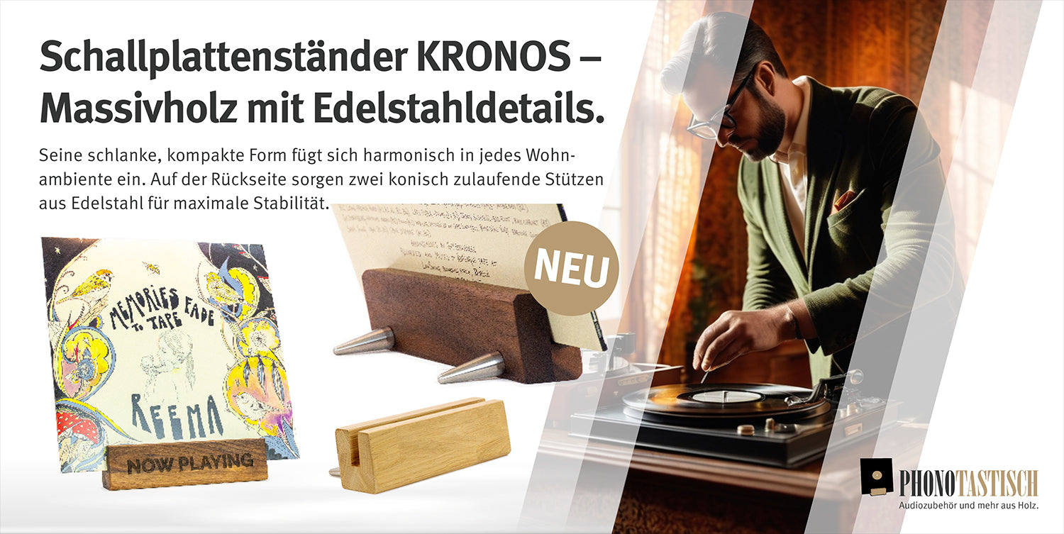 Schallplattenständer KRONOS –
Massivholz mit Edelstahldetails.