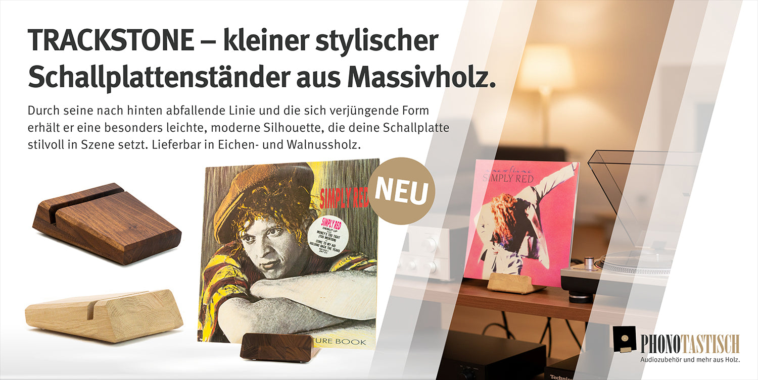 TRACKSTONE – kleiner stylischer
Schallplattenständer aus Massivholz.