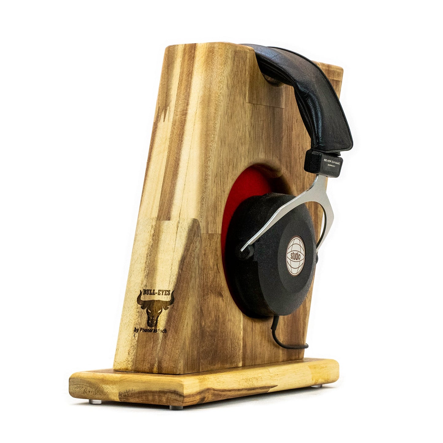 Stylischer Kopfhörerständer BULL-EYES mit innenliegendem Ohrpolsterschutz und praktischer Bügelablage. phonotastisch