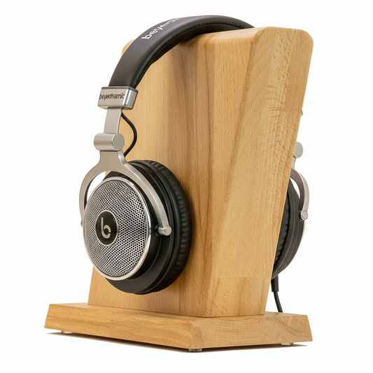 Kopfhörerständer "Fin" aus Massivholz mit breiter Bügelablage. phonotastisch