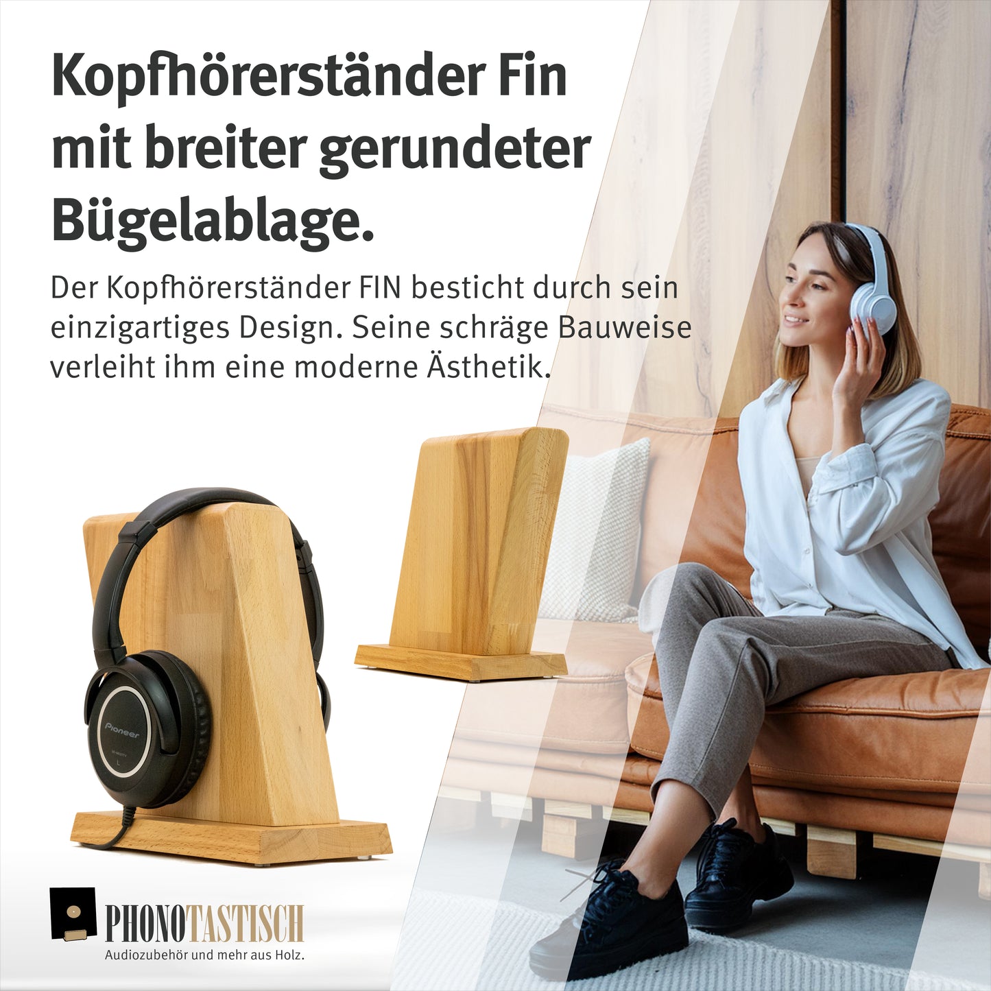Kopfhörerständer "Fin" aus Massivholz mit breiter Bügelablage. phonotastisch