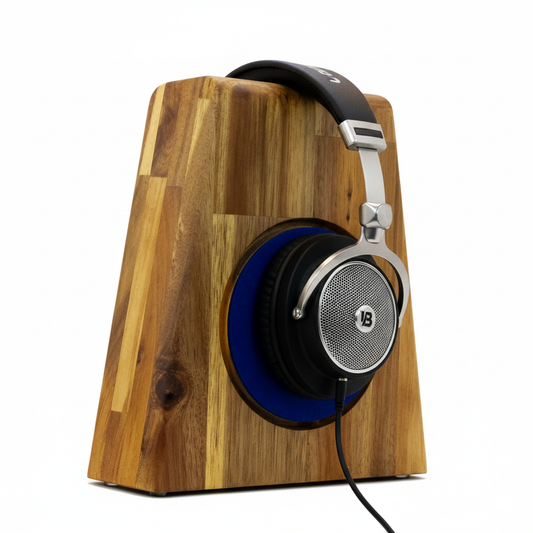 Kopfhörerständer PHONEBLOCK aufliegendem Ohrpolsterschutz und breiter Bügelauflage. phonotastisch