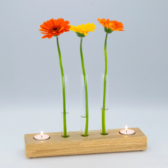 Teelichthalter, Kerzenhalter, Blumenvase Kombination aus Holz. phonotastisch