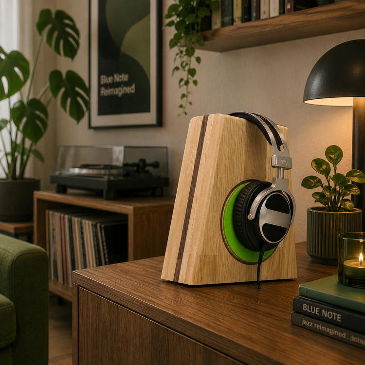 „Zeitgemäßer Headphone Stand aus Holz für Schreibtisch-Setups“ 