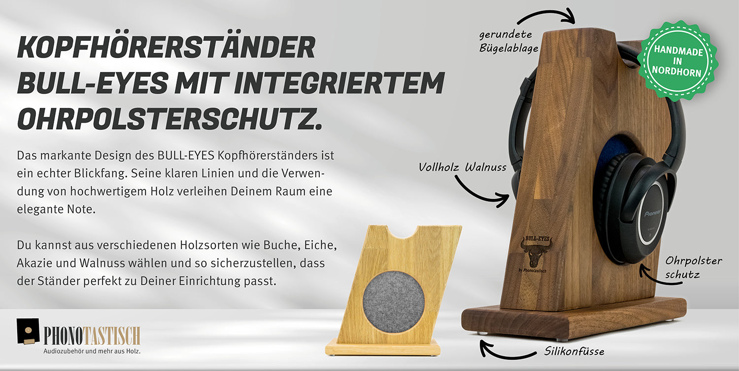 Kopfhörerständer  BULL-EYES mit integriertem Ohrpolsterschutz.