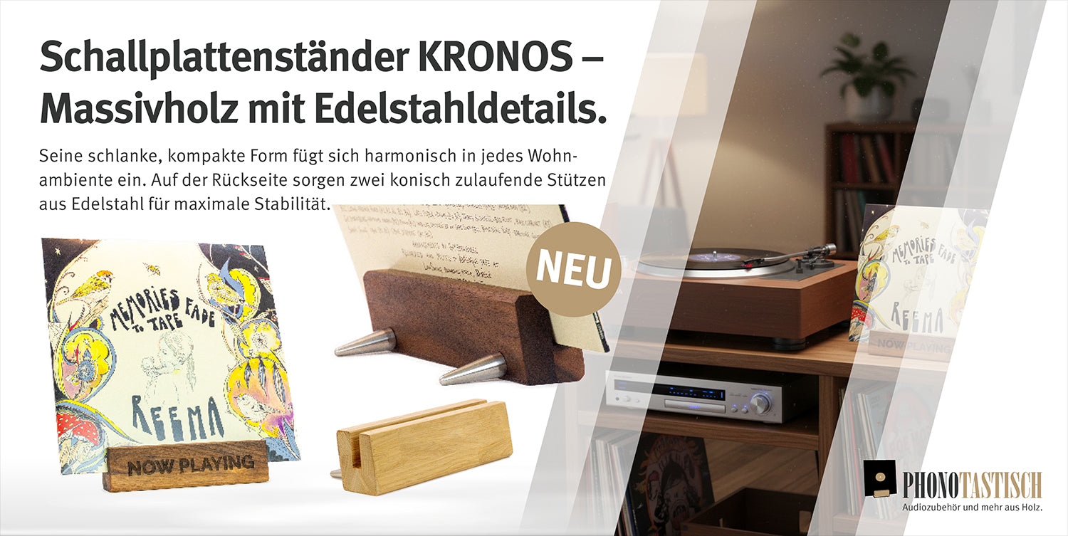 Schallplattenständer KRONOS –
Massivholz mit Edelstahldetails.