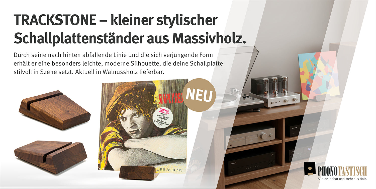 TRACKSTONE – kleiner stylischer
Schallplattenständer aus Massivholz.