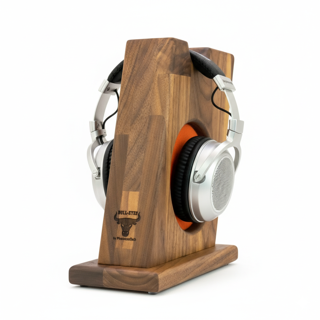 Stylischer Kopfhörerständer BULL-EYES mit innenliegendem Ohrpolsterschutz und praktischer Bügelablage. phonotastisch
