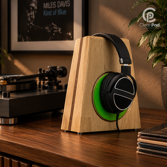 Kopfhörerständer Holz PHONEBLOCK FineLine – Massivholz Headphone Stand mit CleanPad | Handgemacht in Deutschland phonotastisch