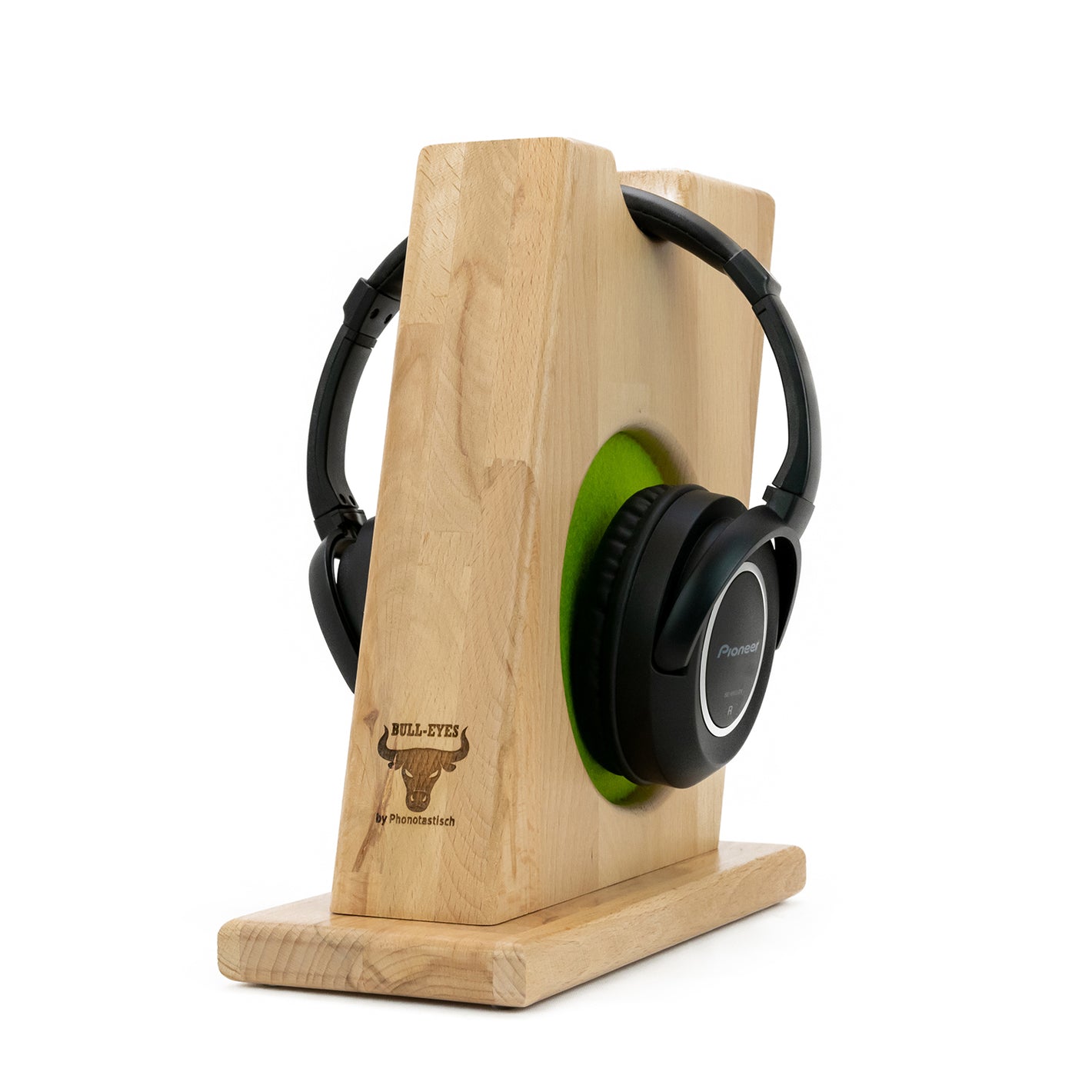 Kopfhörerständer BULL-EYES aus Massivholz Buche mit auswechselbarem Ohrpolsterschutz.