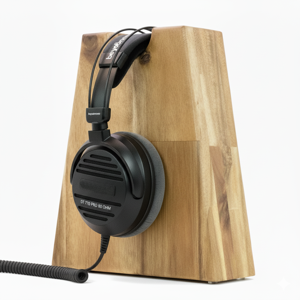 Unser Klassiker. Kopfhörerhalter Phoneblock aus Massivholz mit runder Bügelablage. phonotastisch