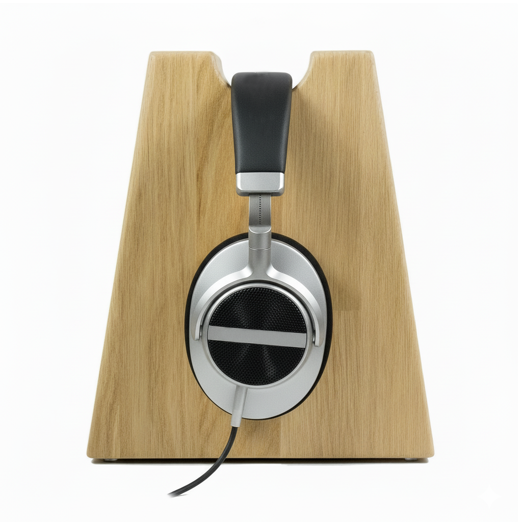 Unser Klassiker. Kopfhörerhalter Phoneblock aus Massivholz mit runder Bügelablage. phonotastisch