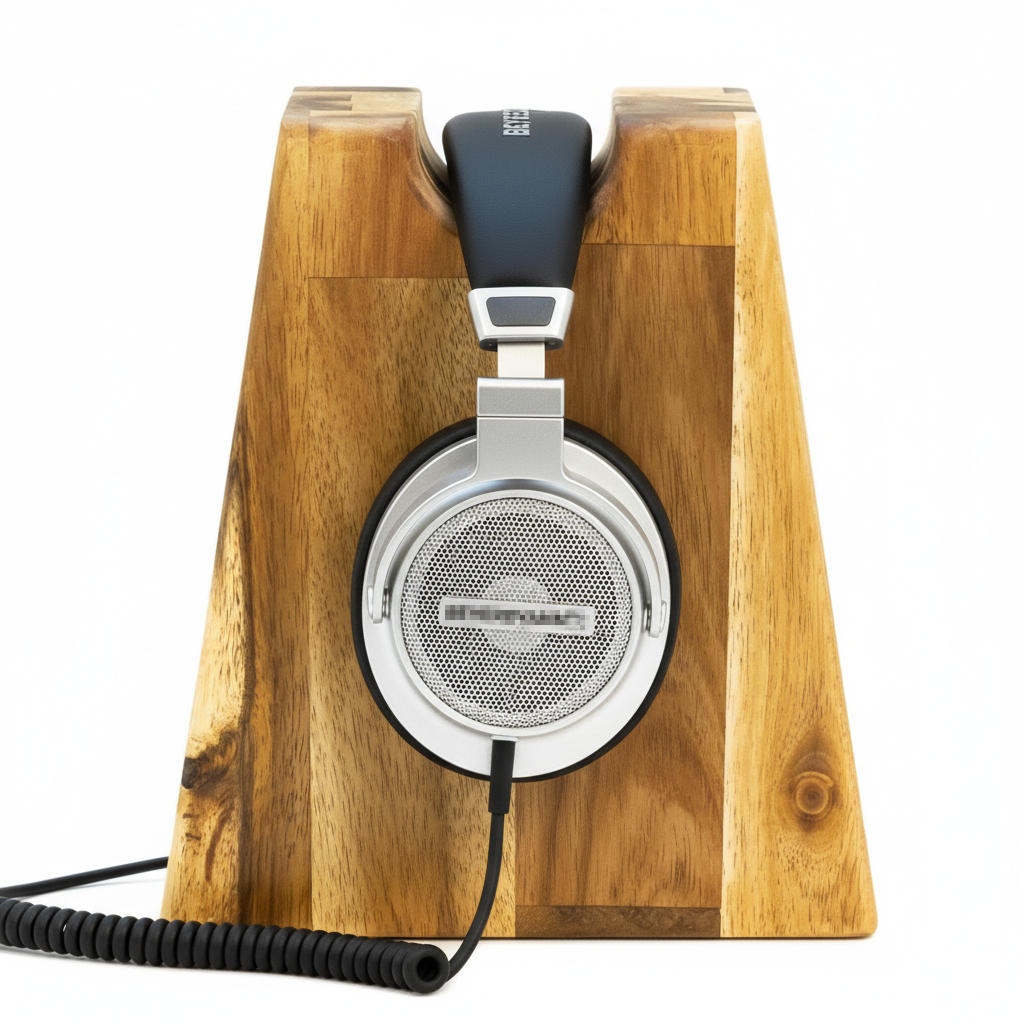 Unser Klassiker. Kopfhörerhalter Phoneblock aus Massivholz mit runder Bügelablage. phonotastisch