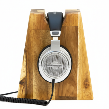 Unser Klassiker. Kopfhörerhalter Phoneblock aus Massivholz mit runder Bügelablage. phonotastisch