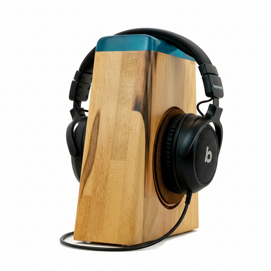 Kopfhörerständer mit farbiger Bügelauflage und austauschbarem Ohrpolsterschutz. phonotastisch