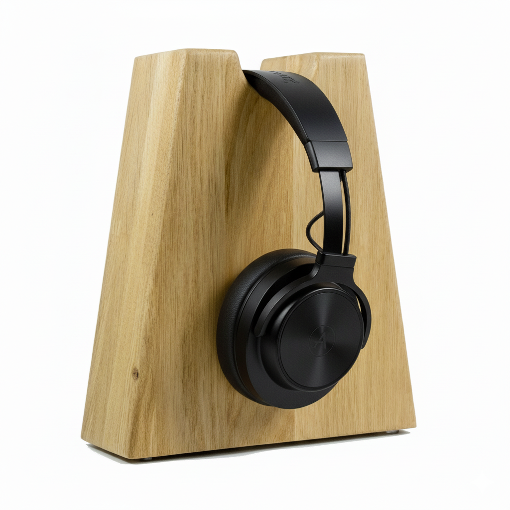 Unser Klassiker. Kopfhörerhalter Phoneblock aus Massivholz mit runder Bügelablage. phonotastisch