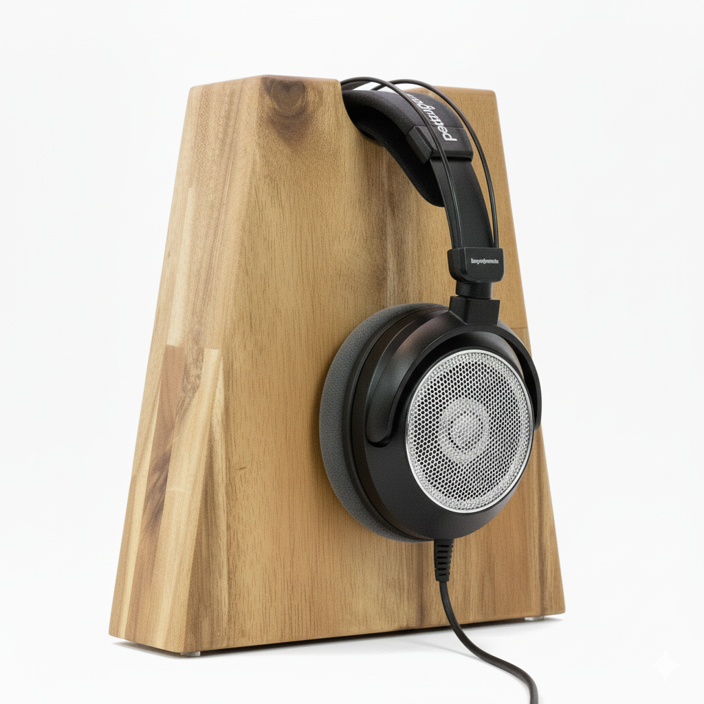 Unser Klassiker. Kopfhörerhalter Phoneblock aus Massivholz mit runder Bügelablage. phonotastisch
