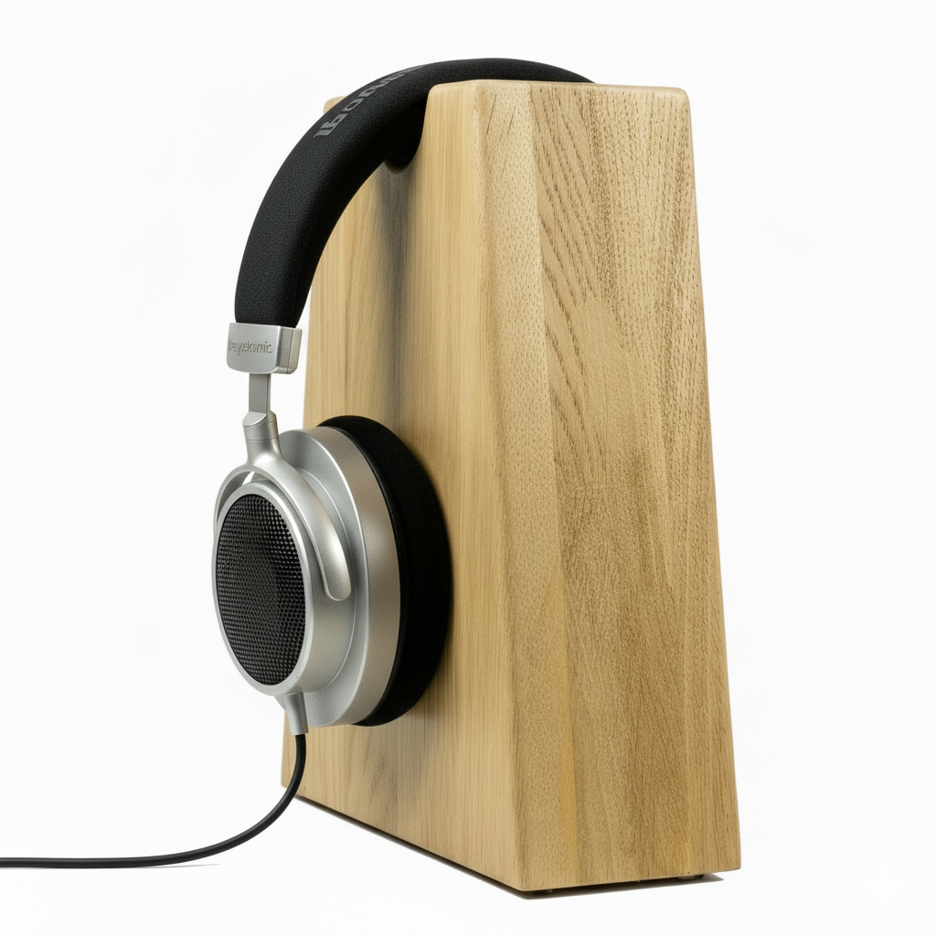 Unser Klassiker. Kopfhörerhalter Phoneblock aus Massivholz mit runder Bügelablage. phonotastisch