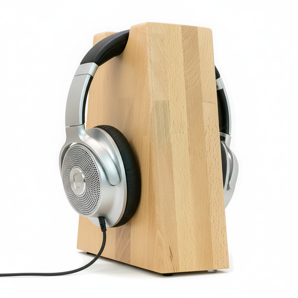 Unser Klassiker. Kopfhörerhalter Phoneblock aus Massivholz mit runder Bügelablage. phonotastisch