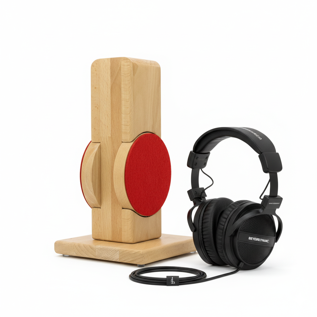 Kopfhörerständer RONDO mit aufgesetztem austauschbarem Ohrpolsterschutz. phonotastisch