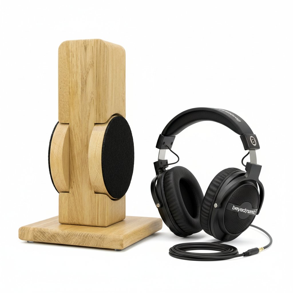 Kopfhörerständer RONDO mit aufgesetztem austauschbarem Ohrpolsterschutz. phonotastisch