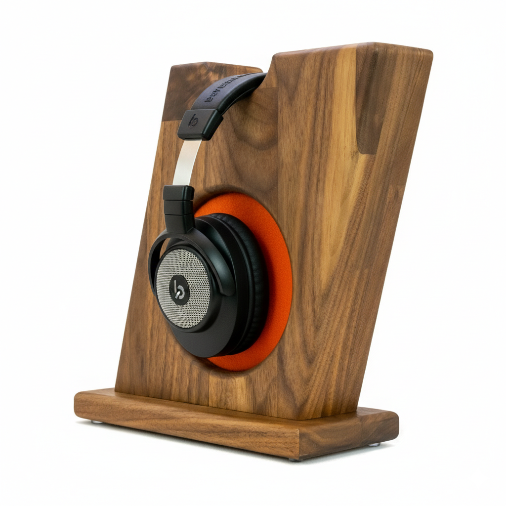 Stylischer Kopfhörerständer BULL-EYES mit innenliegendem Ohrpolsterschutz und praktischer Bügelablage. phonotastisch