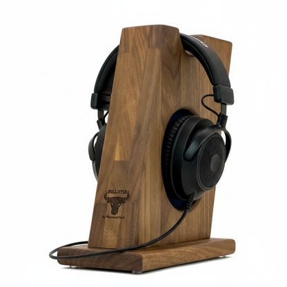 Stylischer Kopfhörerständer BULL-EYES mit innenliegendem Ohrpolsterschutz und praktischer Bügelablage. phonotastisch