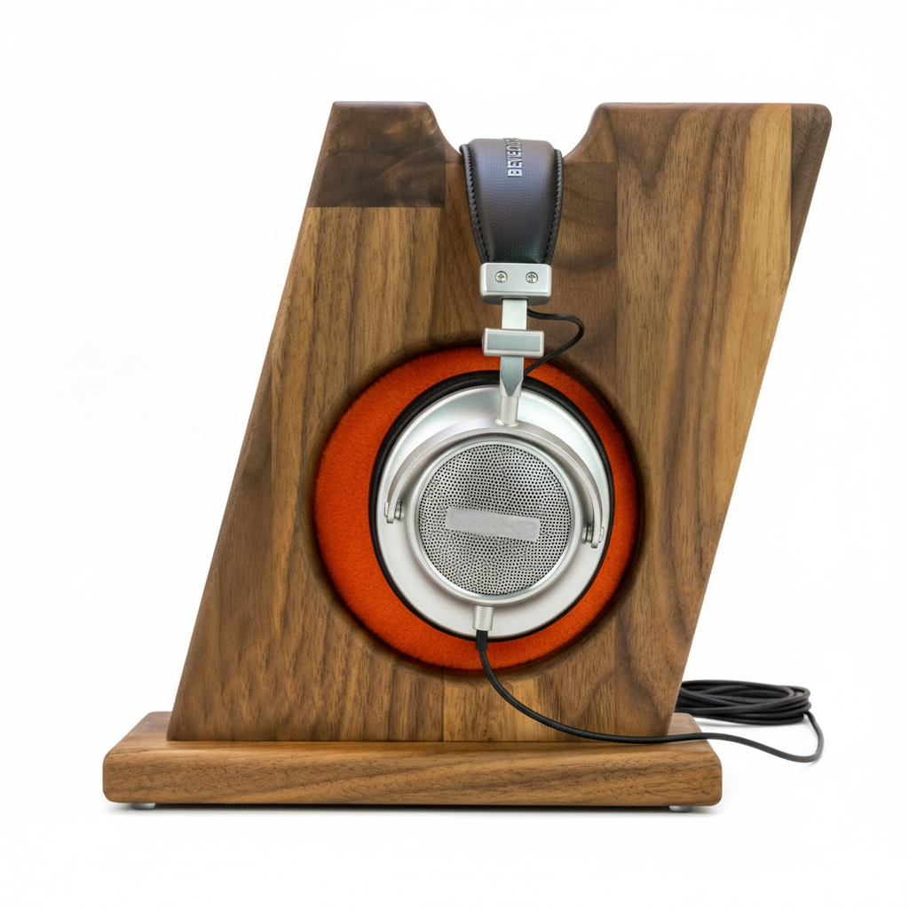 Stylischer Kopfhörerständer BULL-EYES mit innenliegendem Ohrpolsterschutz und praktischer Bügelablage. phonotastisch