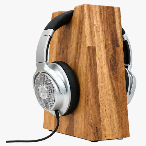 Unser Klassiker. Kopfhörerhalter Phoneblock aus Massivholz mit runder Bügelablage. phonotastisch