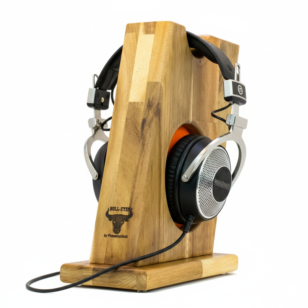 Stylischer Kopfhörerständer BULL-EYES mit innenliegendem Ohrpolsterschutz und praktischer Bügelablage. phonotastisch