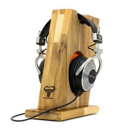 Stylischer Kopfhörerständer BULL-EYES mit innenliegendem Ohrpolsterschutz und praktischer Bügelablage. phonotastisch