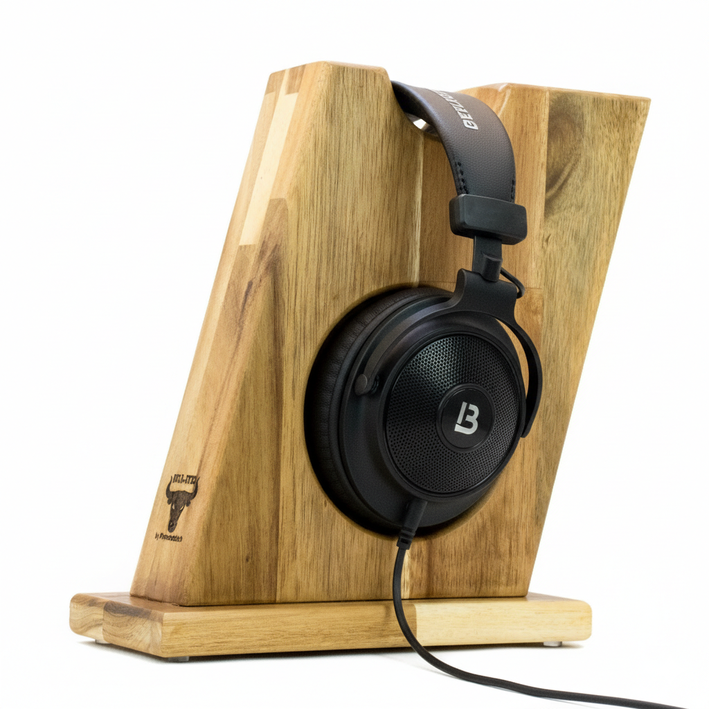 Stylischer Kopfhörerständer BULL-EYES mit innenliegendem Ohrpolsterschutz und praktischer Bügelablage. phonotastisch