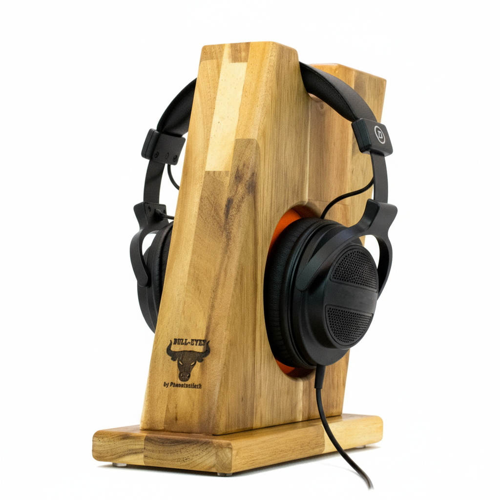 Stylischer Kopfhörerständer BULL-EYES mit innenliegendem Ohrpolsterschutz und praktischer Bügelablage. phonotastisch