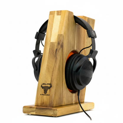 Stylischer Kopfhörerständer BULL-EYES mit innenliegendem Ohrpolsterschutz und praktischer Bügelablage. phonotastisch