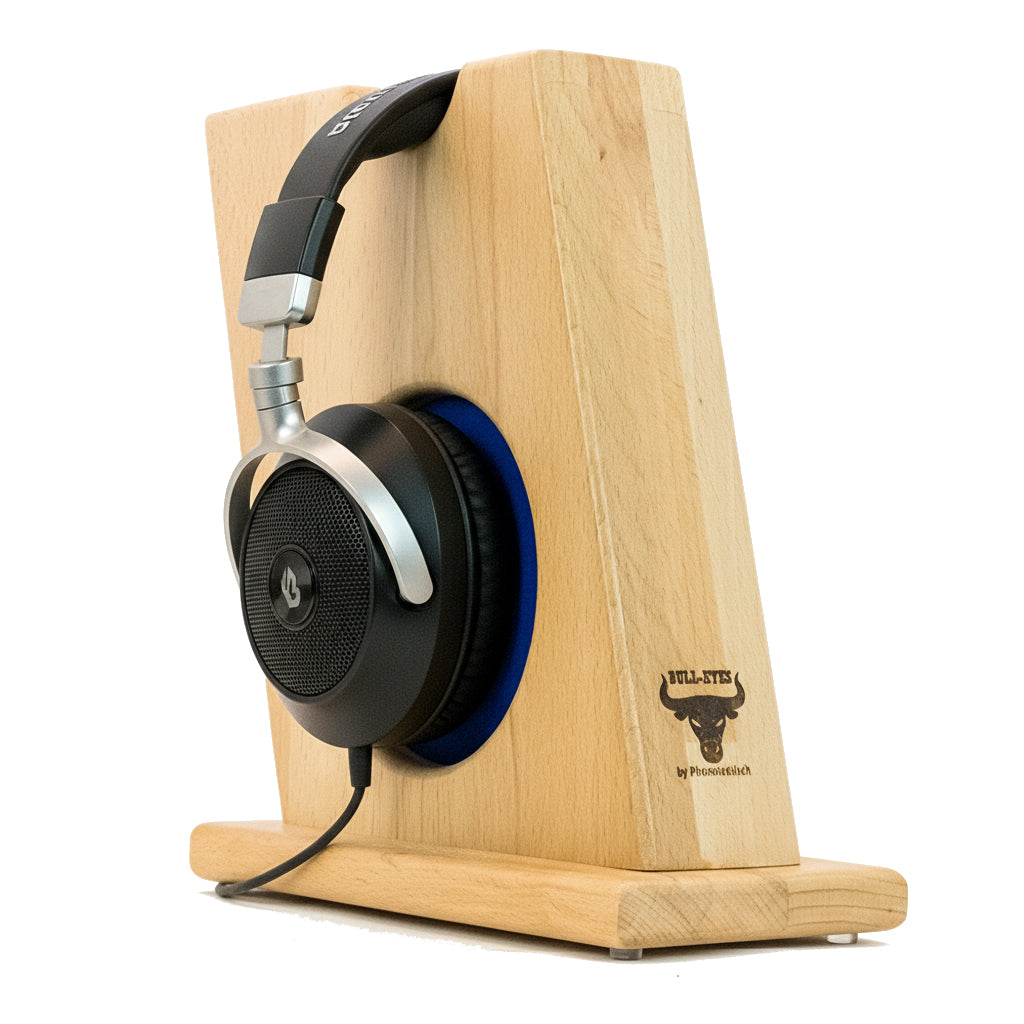 Stylischer Kopfhörerständer BULL-EYES mit innenliegendem Ohrpolsterschutz und praktischer Bügelablage. phonotastisch