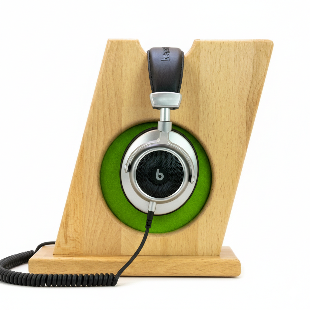 Stylischer Kopfhörerständer BULL-EYES mit innenliegendem Ohrpolsterschutz und praktischer Bügelablage. phonotastisch