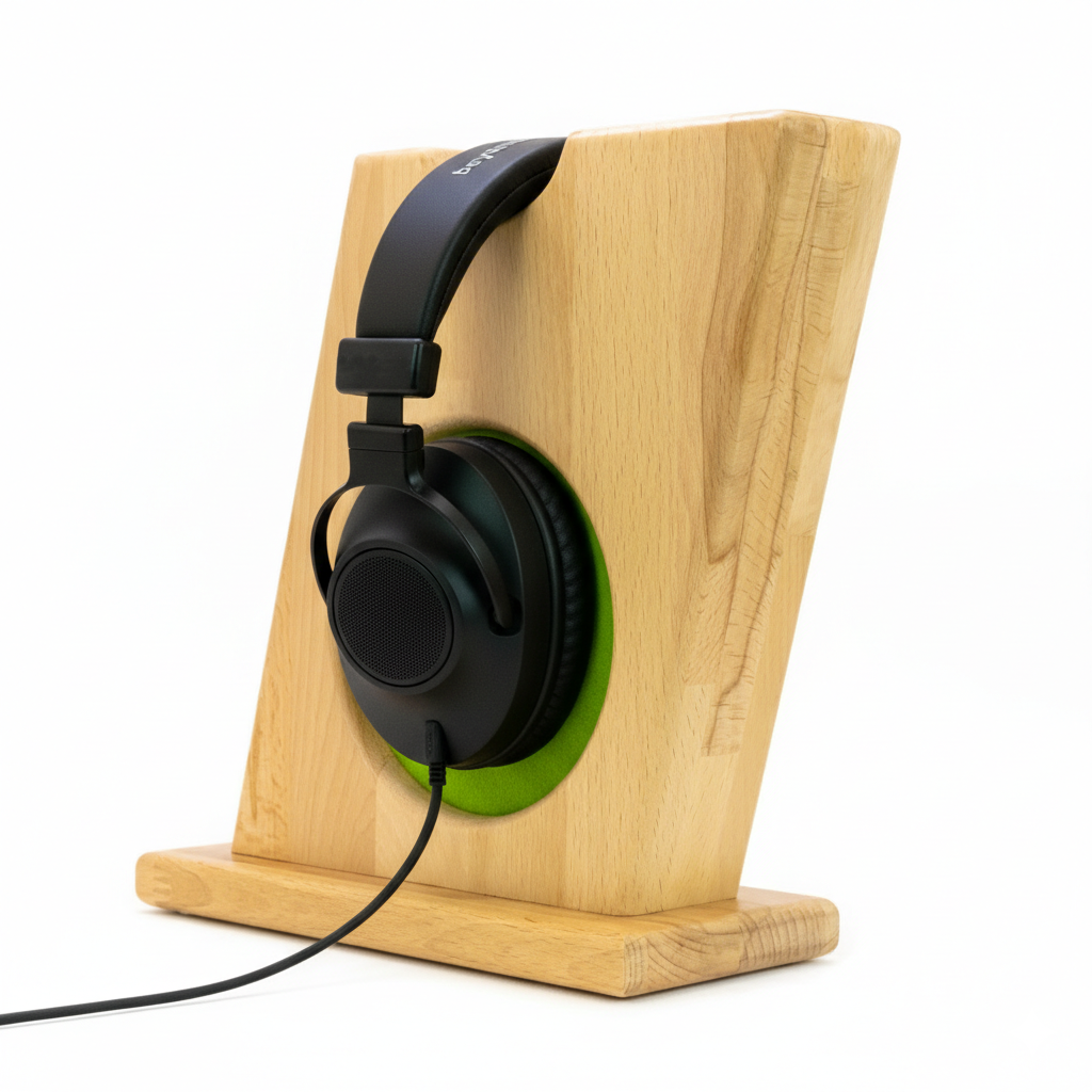 Stylischer Kopfhörerständer BULL-EYES mit innenliegendem Ohrpolsterschutz und praktischer Bügelablage. phonotastisch