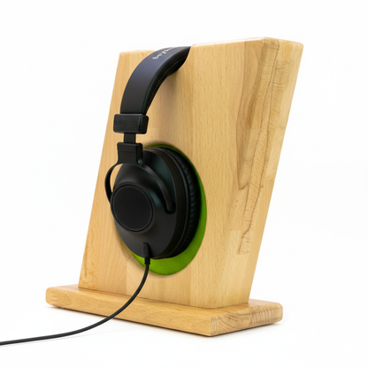 Stylischer Kopfhörerständer BULL-EYES mit innenliegendem Ohrpolsterschutz und praktischer Bügelablage. phonotastisch