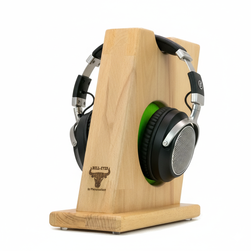 Stylischer Kopfhörerständer BULL-EYES mit innenliegendem Ohrpolsterschutz und praktischer Bügelablage. phonotastisch