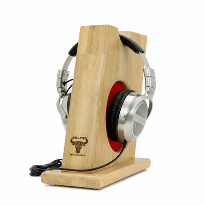 Stylischer Kopfhörerständer BULL-EYES mit innenliegendem Ohrpolsterschutz und praktischer Bügelablage. phonotastisch