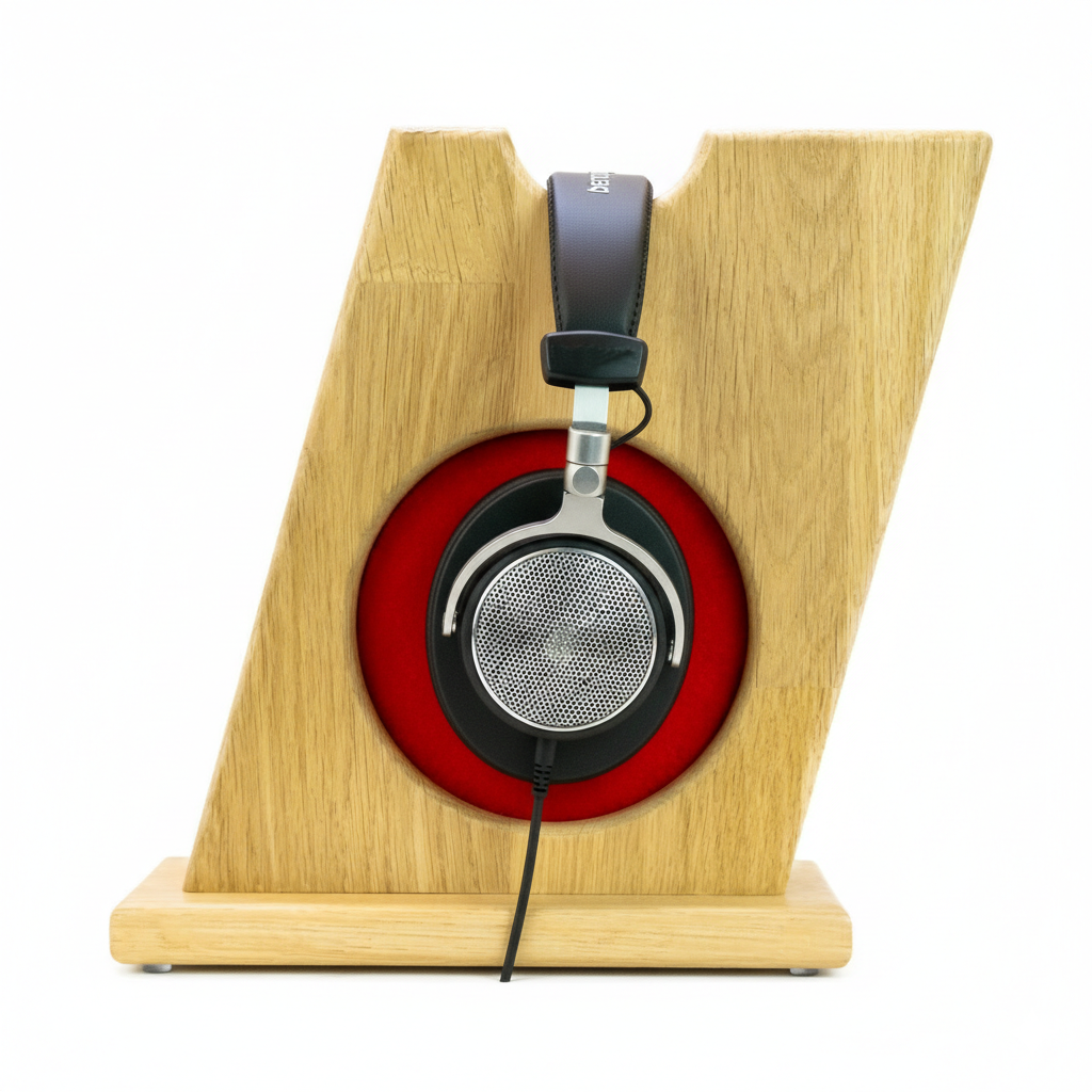 Stylischer Kopfhörerständer BULL-EYES mit innenliegendem Ohrpolsterschutz und praktischer Bügelablage. phonotastisch