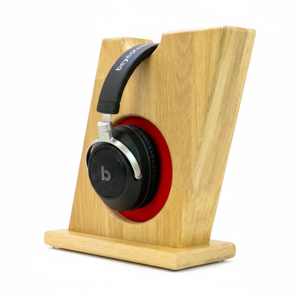 Stylischer Kopfhörerständer BULL-EYES mit innenliegendem Ohrpolsterschutz und praktischer Bügelablage. phonotastisch