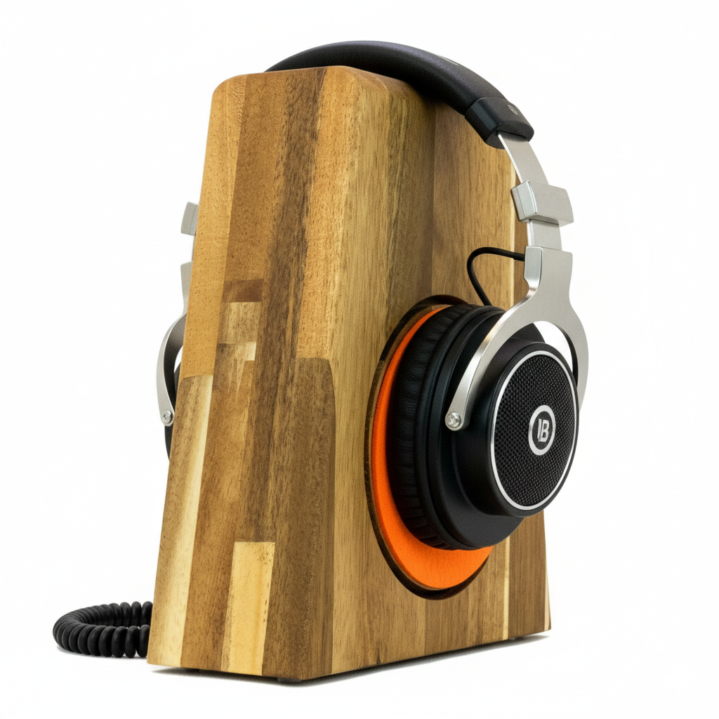 Kopfhörerständer PHONEBLOCK aufliegendem Ohrpolsterschutz und breiter Bügelauflage. phonotastisch