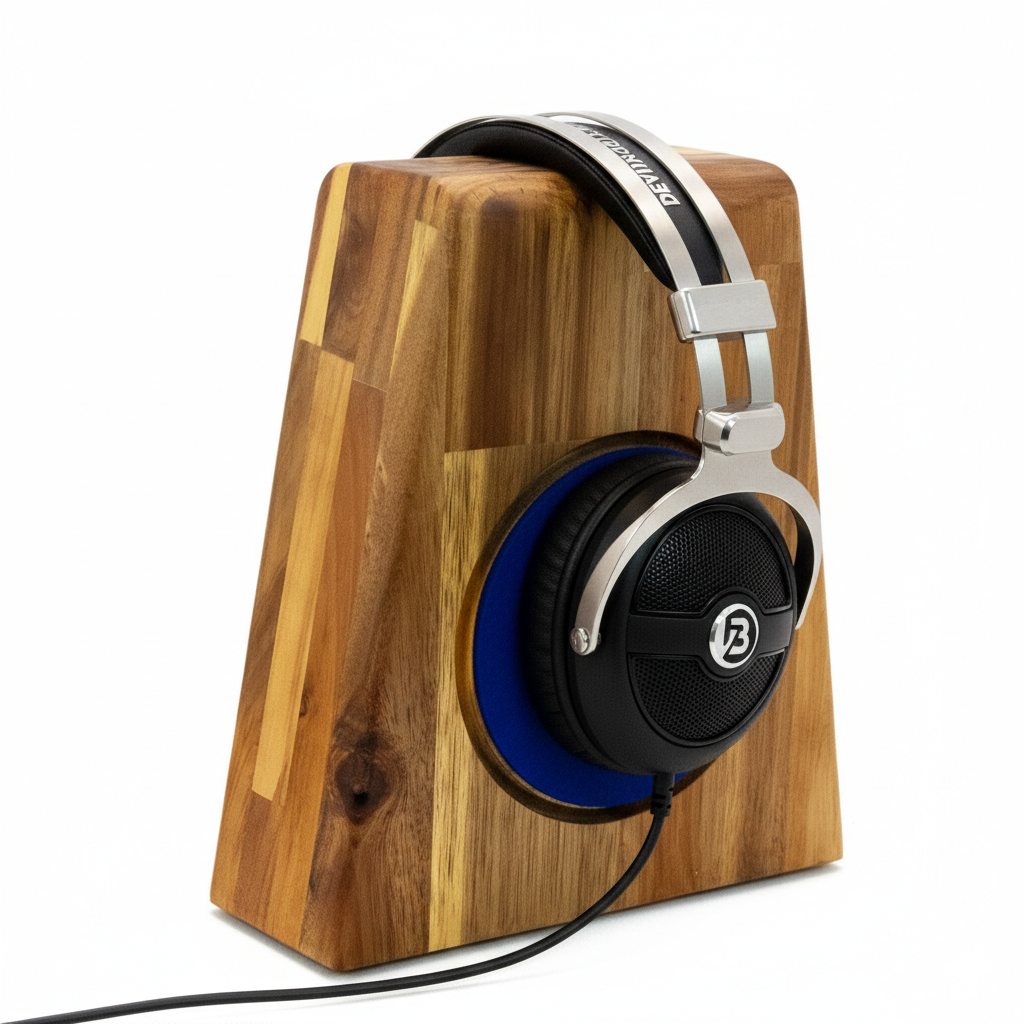 Kopfhörerständer PHONEBLOCK aufliegendem Ohrpolsterschutz und breiter Bügelauflage. phonotastisch