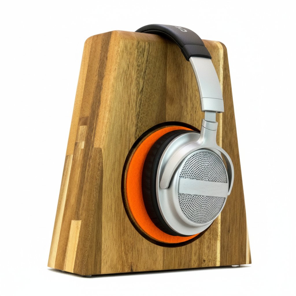 Kopfhörerständer PHONEBLOCK aufliegendem Ohrpolsterschutz und breiter Bügelauflage. phonotastisch