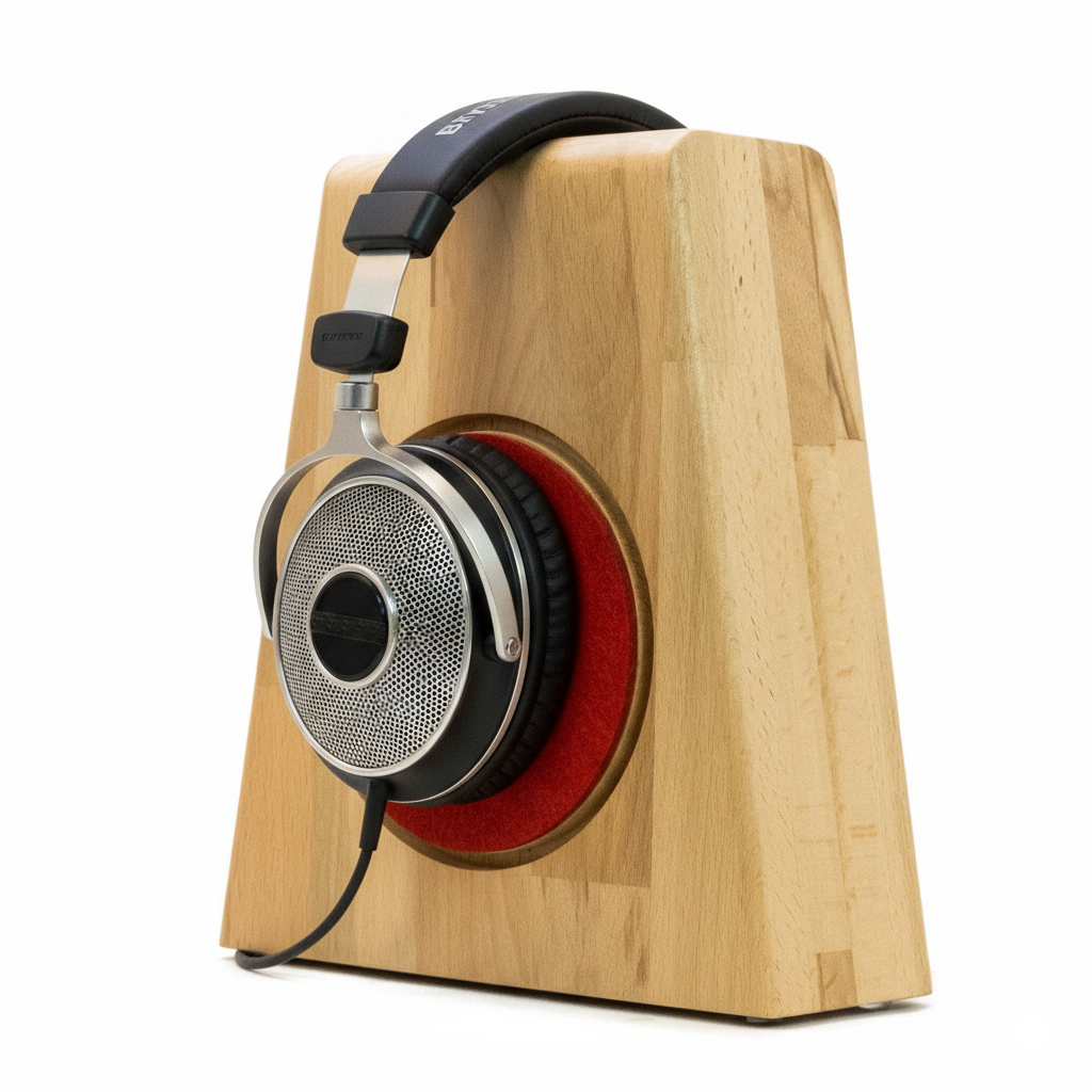 Kopfhörerständer PHONEBLOCK aufliegendem Ohrpolsterschutz und breiter Bügelauflage. phonotastisch