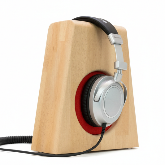 Der Kopfhörerständer PHONEBLOCK mit innenliegendem austauschbarem Ohrpolsterschutz und breiter Bügelauflage. phonotastisch