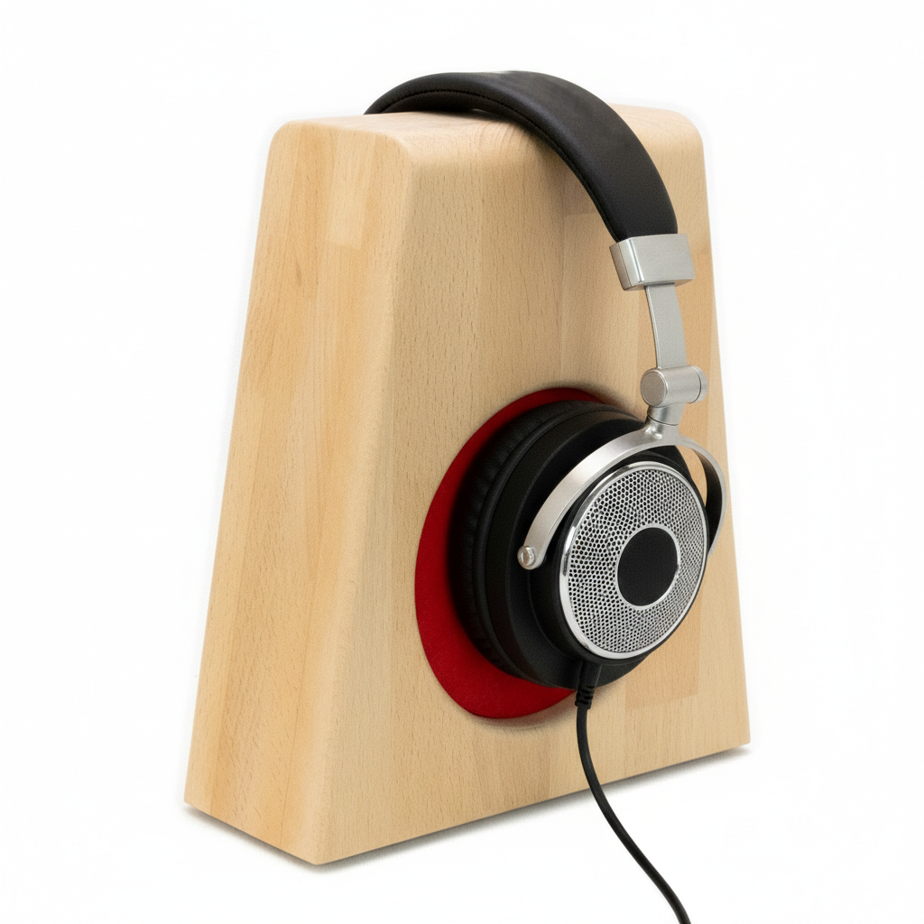 Der Kopfhörerständer PHONEBLOCK mit innenliegendem Ohrpolsterschutz und breiter Bügelauflage. phonotastisch