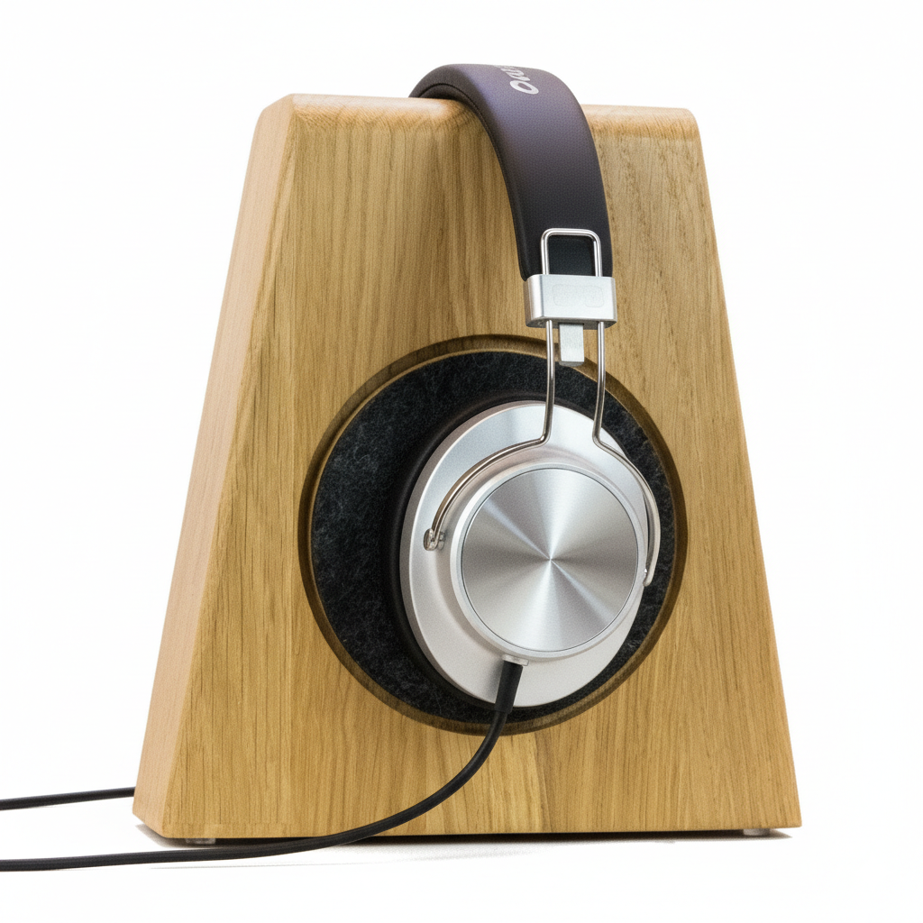 Kopfhörerständer PHONEBLOCK aufliegendem Ohrpolsterschutz und breiter Bügelauflage. phonotastisch