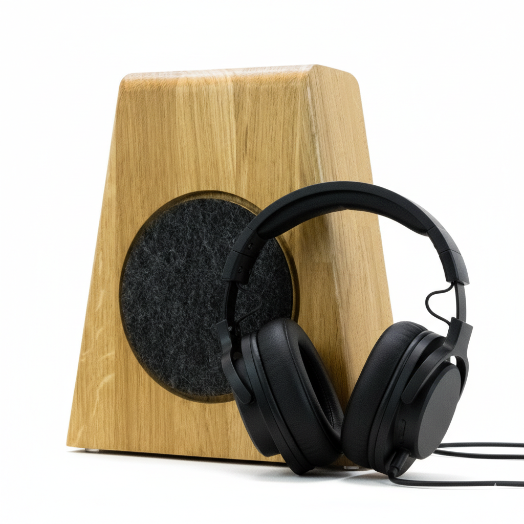 Kopfhörerständer PHONEBLOCK aufliegendem Ohrpolsterschutz und breiter Bügelauflage. phonotastisch